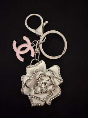 Custom Curated Pink CC & Crystal White Rose Keychain